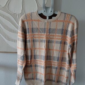 Plaid Crewneck Sweater - Cream and Orange